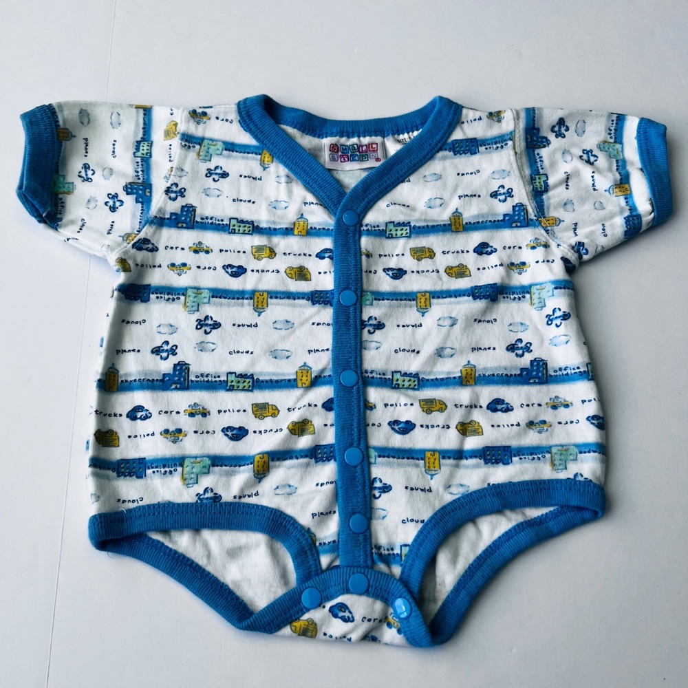 Vintage Small Steps Baby Bodysuit 0-3M Cityscape Trucks Cotton Romper
